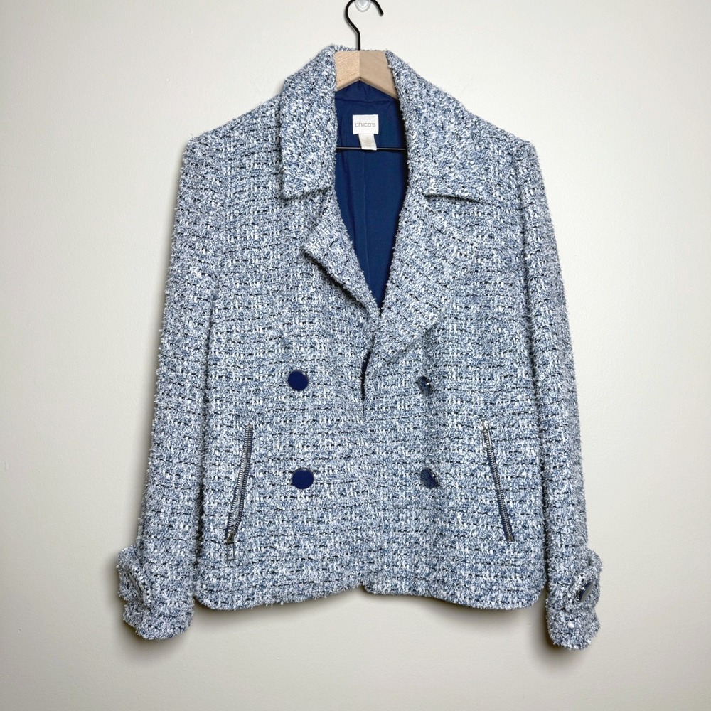 Chico's Womens Tweed Blazer‎ Jacket 3 XL Blue Silver Open Front Brunch Chic